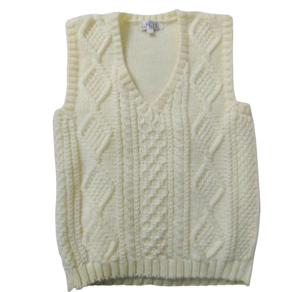 Vintage Women's Rafiqoue Ivory‎ Fisherman Chunky Grannycore Vest size M Wool
